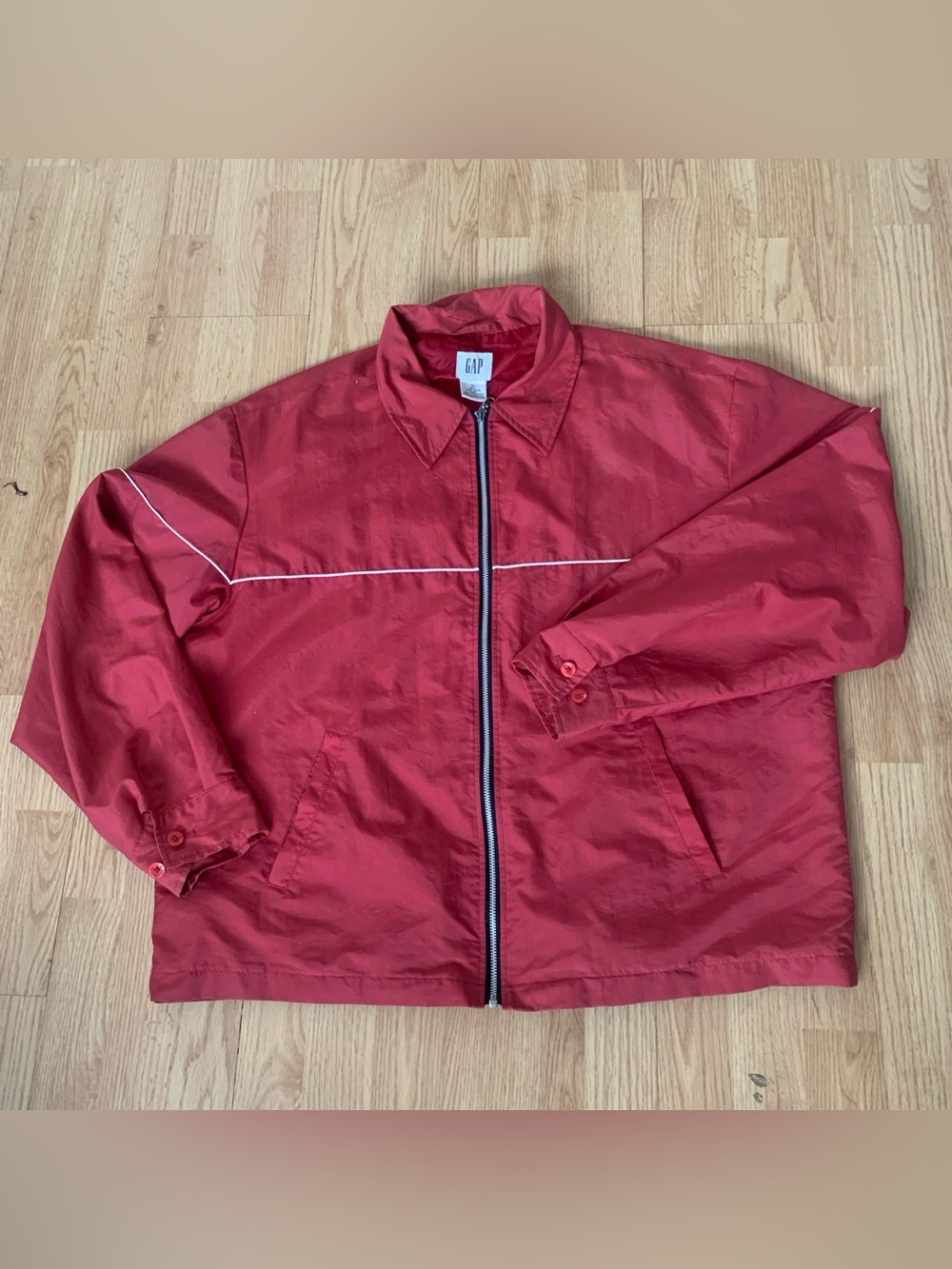 Vintage Gap Windbreaker Red Nylon  White Reflective Piping Full Zip Pocked Sz XL